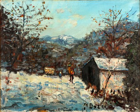 DOLCI MARTINO (1912 - 1994) Paesaggio invernale. Olio su tavola applicata su...