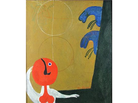 Theodora Stendl (1938), Olio su tela,L'attacco dei cavalli 65x55 cm