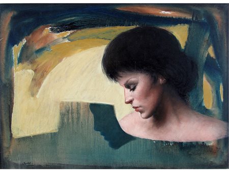 Mario Russo (1925-2000), Olio su tela,Profilo di donna 50x70 cm