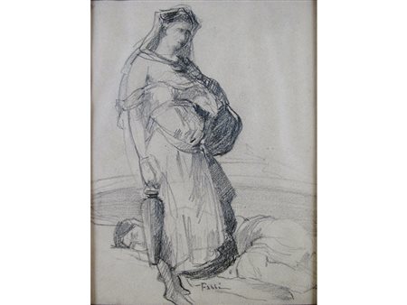 Fabio Fabbi (1861-1946), Disegno su carta,In cammino 23x18 cm