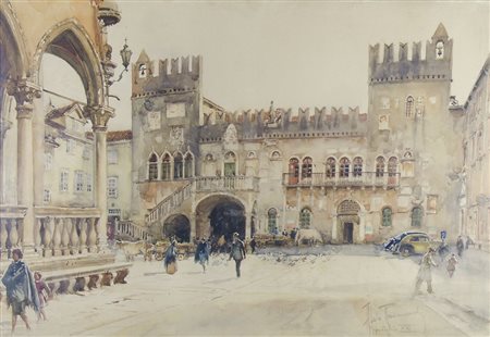 Aldo Raimondi 1902-1998 "Piazza di Capodistria" cm. 70x100 - acquerello su...