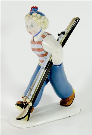 Tosin; scultura in ceramica policroma raffigurante giovane sciatrice. Marcata...