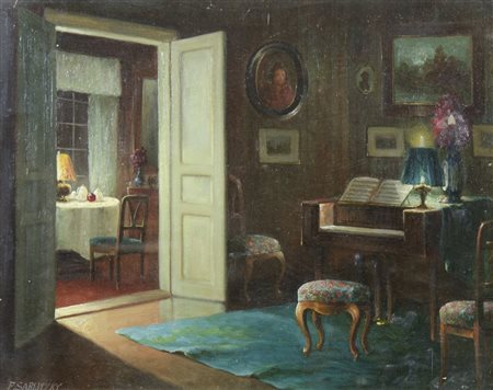 Pittore primi '900 "Interno con pianoforte" cm. 30x40 - olio su tela