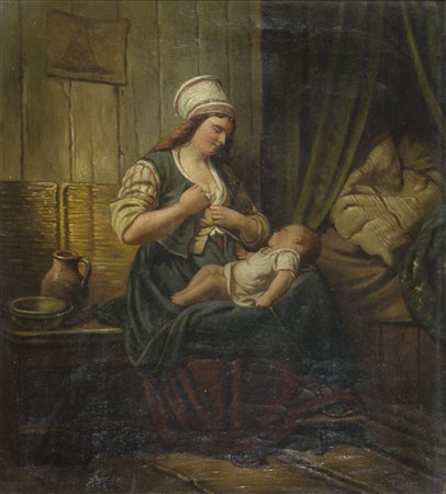 Maestro del XIX secolo "Donna co bambino" cm. 42x37 - olio su tela