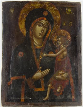 Icona dipinta su tavola raffigurante Madonna con bambino. Metà XIX secolo....