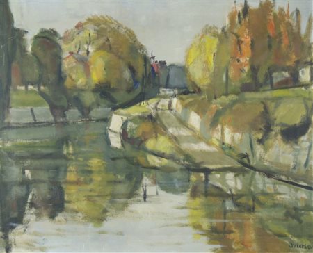 Nikolaj Omersa 1911-1981 "Autunno sul fiume" cm. 65x80 - olio su tela Firmato...