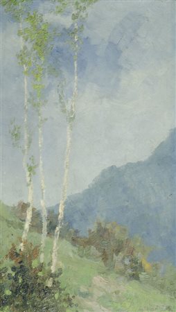 Srecko Magolic 1860-1943 "Alberi e montagne" cm. 40x23 - olio su compensato...