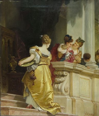 Lorenzo Giuseppe Gatteri Trieste 1829-1884 "Amiche a Palazzo" cm. 42x35 -...