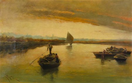 Giuseppe Pogna Trieste 1845-1907 "Pescatore al tramonto" cm. 39x61 - olio su...