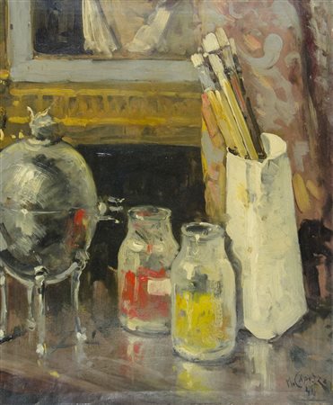 Mario Capuzzo Polesine 1902-Ferrara 1973 "Interno di studio" cm. 60x50 - olio...