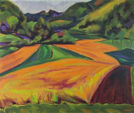 Joze Cesar 1907-1980 "Campo tra gli alberi" cm. 50x60 - tecnica mista su...