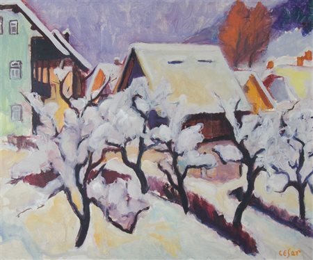 Joze Cesar 1907-1980 "Neve a Kransjska Gora" cm. 50x60 - tecnica mista su...