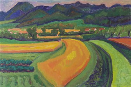 Joze Cesar 1907-1980 "Paesaggio al tramonto" cm. 40x60 - tecnica mista su...