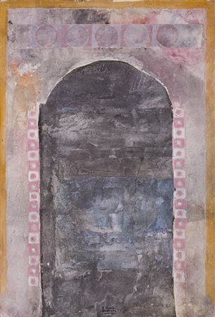 PIERO MOSTI (1941)Muro e portone, 1998Affresco su tavolacm 61x41,5x2Firma al...