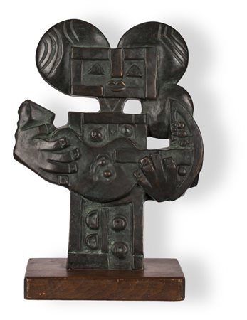 IBRAHIM KODRA (1918-2006)MusicanteScultura in bronzo su base in legnocm...