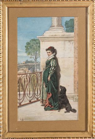 Paolo Bedini (1844 – 1924), attribuito a, “Dama con cagnolino”. Acquerello su...