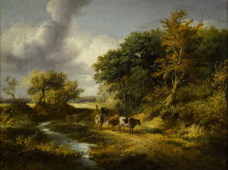 Koekkoek Barend Cornelis (Attribuito) Paesaggio con mucche Olio su tela, cm....