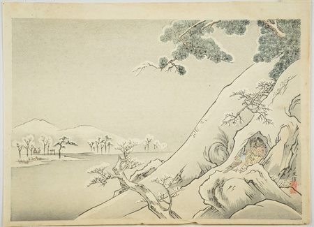 Kano Tomonobu ( 1755 1819) Paesaggio Xilografia su carta, cm. 24x33. Firmata...