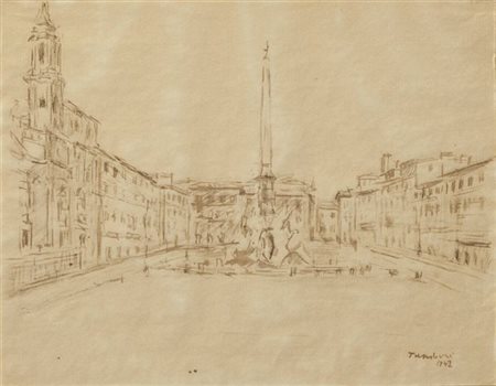 TAMBURI ORFEO Jesi (AN) 1910 - 1994 "Piazza Navona" 1942 22x28 china su carta...