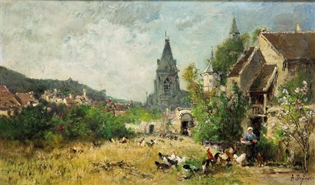 PITTORE FRANCESE DELL'800 "Paesaggio con cattedrale" 52x31,5 olio su tela...