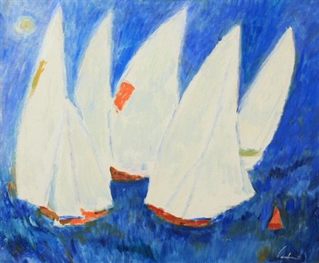 PAULUCCI ENRICO Genova 1901 - 1999 Torino "Regata" 1980 50x60 olio su tela...