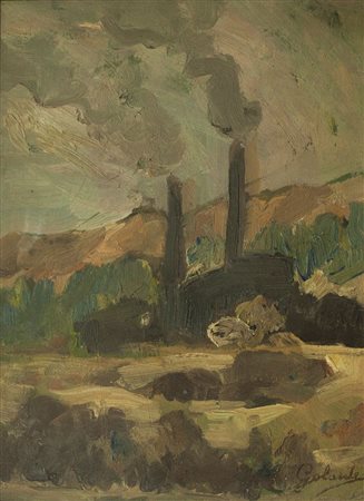 GALANTE NICOLA Vasto (CH) 1883 - 1969 Torino "Paesaggio con ciminiere" 24x18...