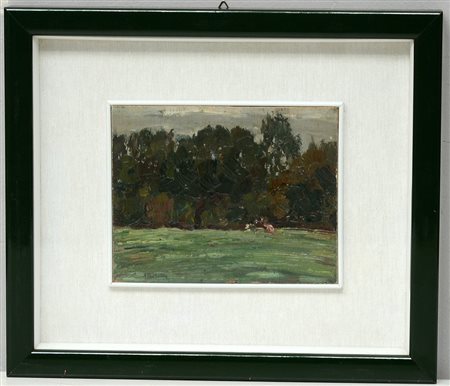 Ignoto, "Paesaggio", olio su tela incollata su pannello (cm 14,5x18,5)...
