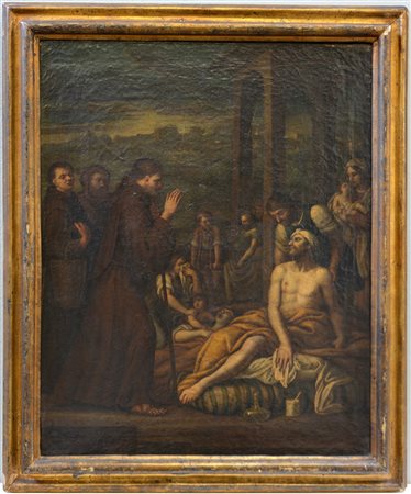 Scuola del XVII secolo "San Francesco cura gli appestati" olio su tela (cm...