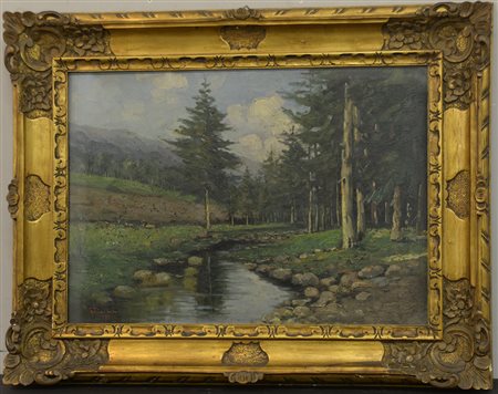 Ignoto "Paesaggio con torrente e abeti" 1953 (cm 50x70) firmato G. Piccinni e...