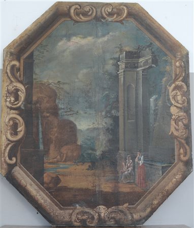 Scuola veneta secolo XVIII "Viandanti tra rovine" olio su tela (cm 160x132)...
