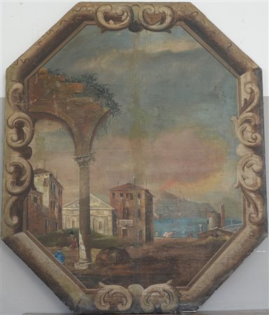 Scuola veneta secolo XVIII "Viandanti tra rovine" olio su tela (cm 160x132)...