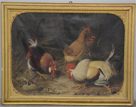 Michele Falchetti ( Caluso 1845 - 1877 ) "Galli" olio su tela (cm 81x111)...