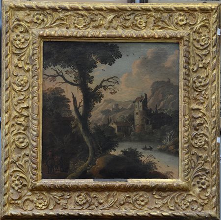Maestro fiammingo del secolo XVII "Paesaggio fluviale" olio su tela (cm...