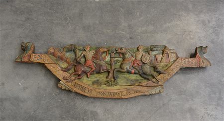 Fregio di carretto siciliano in legno intagliato, raffigurante cavalieri...