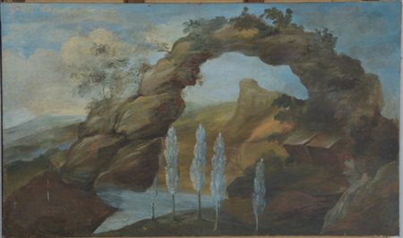 Ignoto "Paesaggio" antico dipinto ad olio su tela (cm 98x165) (difetti)