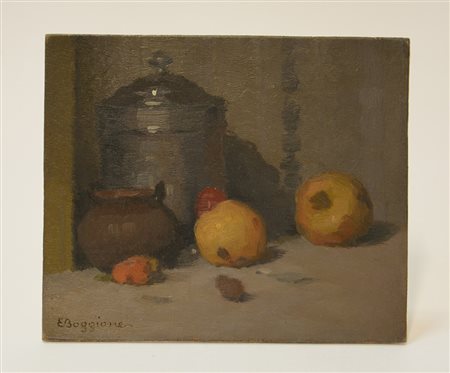 Enrico Boggione (Torino 1889 - 1985)"Composizione con frutta e vasi" olio su...