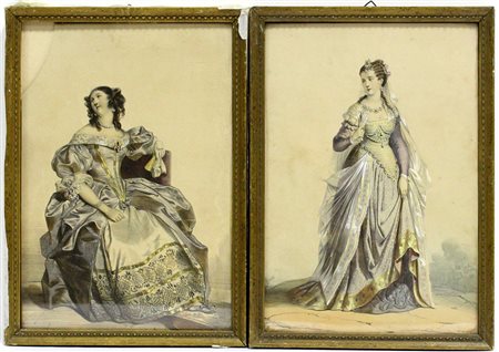 Coppia di stampe retouchè raffiguranti dame (cm 34,5x24), in cornici (difetti)