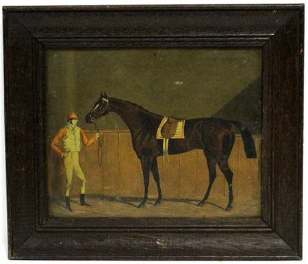 Ignoto "Cavallo e fantino" olio su cartone (cm 20x25,5) in cornice (difetti)