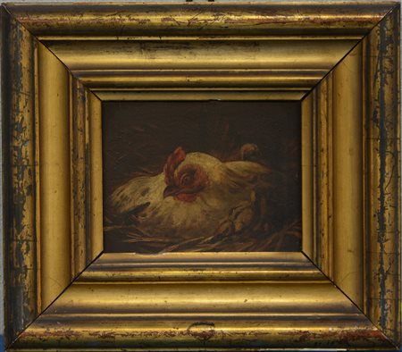 Scuola del secolo XIX "Chioccia coi pulcini" olio su tavoletta (cm15x16) In...