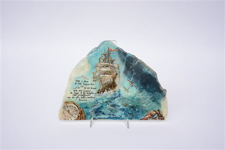 Arte popolare. Alabastro dipinto con veliero a tempesta e aforismo (cm 30x23)...