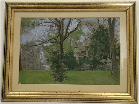 C. Cantoni "Giardino di villa" olio su tavoletta (cm 24x36) firmato in basso...