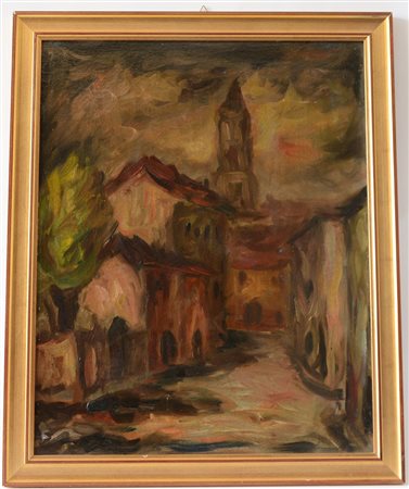 Ignoto "Scorcio di paese con campanile" olio su compensato (cm 58x46) in cornice