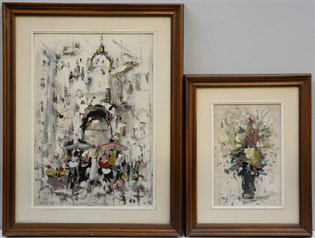 Alvaro Danti (1921 - 1979)"Scena di mercato" e "Vaso con fiori" due olii su...