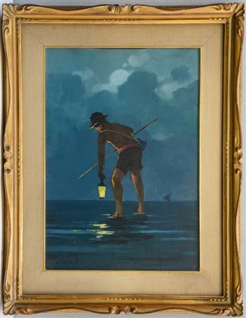 Renato Natali (Livorno 1883 - 1979)"Il pescatore notturno" olio su masonite...
