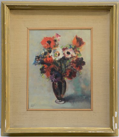 Firma indecifrata "Vaso con fiori" olio su compensato (cm 25x19,5) siglato in...