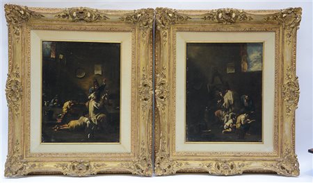Seguace del Magnasco, coppia di dipinti ad olio su tela raffiguranti scene...
