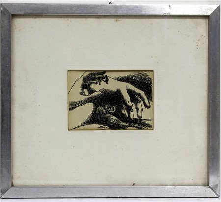Firma indecifrata "Mani e volto" litografia (cm 12x17) firmata al centro, in...