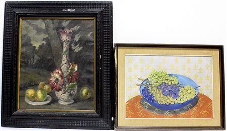 Lotto di due dipinti ad olio su tela e cartone raffiguranti nature morte con...