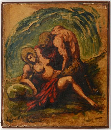 Ignoto, "Jupiter e Antiope", olio su carta incollata su tela (cm 34,5x29,5)...