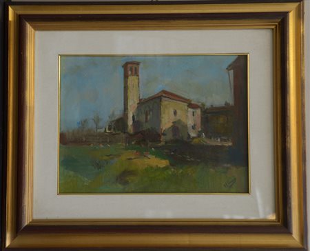 Firma indecifrata "Paesaggio con chiesa" olio su tavola (cm 30x40) firmato in...